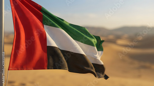 United Arab Emirates flag waving in desert landscape at sunset