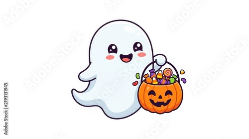 Cartoon ghost holding jack-o'-lantern candy bucket
