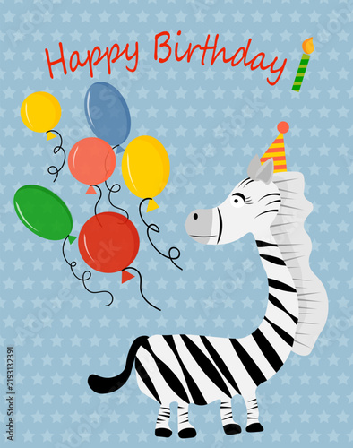 Cute cartoon zebra in party hat with colorful balloons on blue starry background. Happy birthday greeting card design with candle.