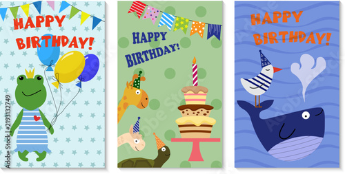 Set of happy birthday greeting cards with cute cartoon animals. Frog with balloons, giraffe and turtle with cake, whale and seagull wearing party hats.