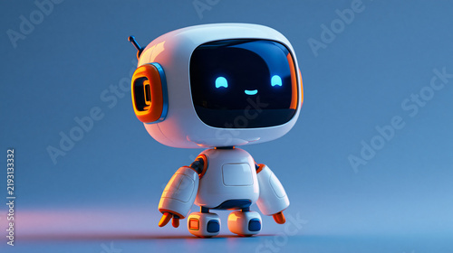 Minimalist 3D Friendly Character Robot Illustration on Blue Background