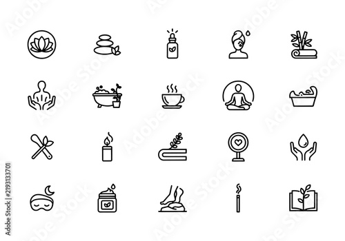 Set of spa and wellness line icons, including massage, meditation, skincare, aromatherapy, and relaxation elements for beauty and health concepts