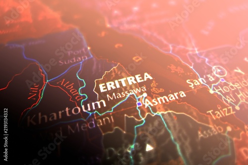 Map of Eritrea styled in cyber red colors. Selective focus on label, close-up view