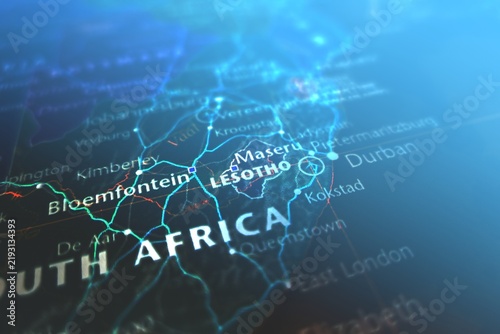 Map of Lesotho styled in cyber blue colors. Selective focus on label, close-up view