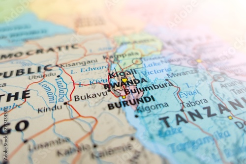 Map of Rwanda with flare from top right corner. Selective focus on label, close-up view