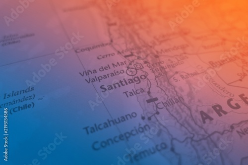 Map of Santiago made in orange and blue gradient. Selective focus on label, close-up view