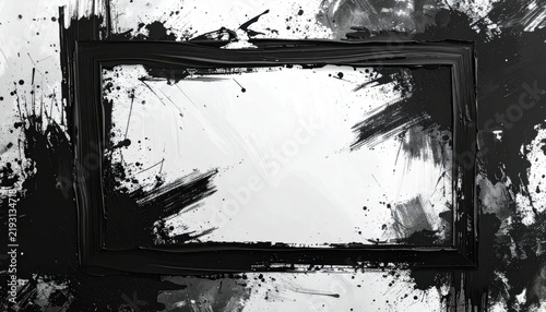 Abstract black and white distress background layout featuring a border frame designed with heavy paint splatter and rough brush stroke texture for artistic banner design and graphic clip art.