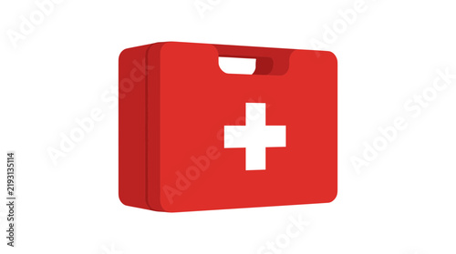 Red medical first aid kit box with white cross symbol