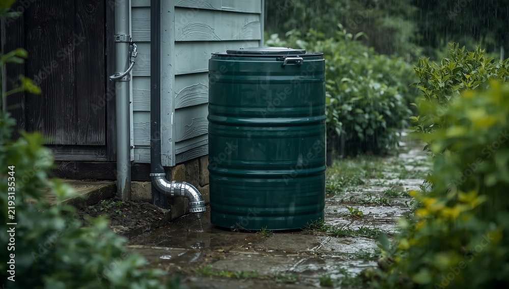 Fototapeta premium Generative AI depicts a rain-soaked backyard with a green rain barrel