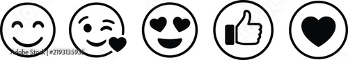 Emoji and Social Reaction icon set featuring smiling face, winking face with heart, heart eyes, thumbs up, and heart symbols for messaging and digital expression design.