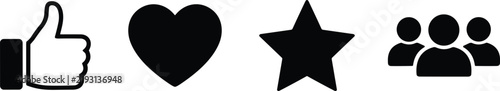 Social Media and Feedback icon set featuring thumbs up, heart, star, and user group symbols for digital engagement and rating design.