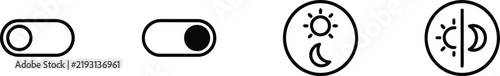 Toggle switch icon set featuring off on toggle, dark mode, day night, and sun moon symbols for mobile app design.
