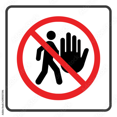 Stop sign icon, person walking with hand stopping gesture, red prohibition circle