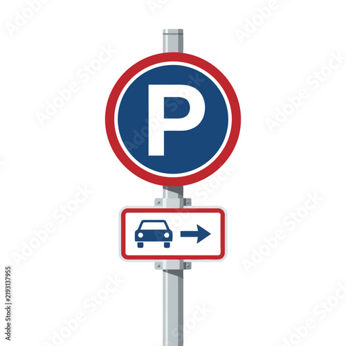 Parking Sign with Car Icon and Direction Arrow - Vector Illustration