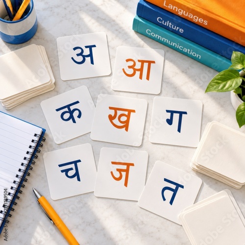 Educational flashcards featuring Hindi letters arranged on a marble surface with a notebook, pen, and colorful books in the background