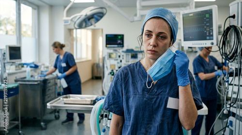 Exhausted female surgeon after a long shift holding face mask in operating room
