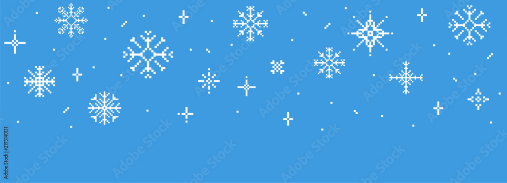Obraz premium Pixel winter falling snowflakes border, seasonal blue crystal decorative pattern decorative in pixel art. Holiday simple flakes 90's aesthetics. Retro pixilated 8 bit game