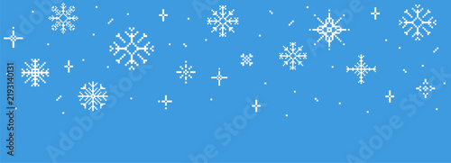 Bild auf Leinwand Pixel winter falling snowflakes border, seasonal blue crystal decorative pattern decorative in pixel art