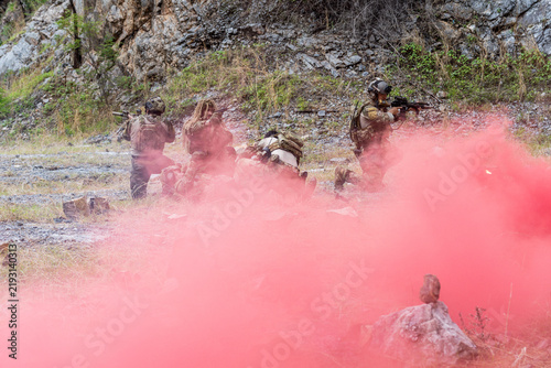 Fotografie Military operation features soldiers training with smoke at a rural location in