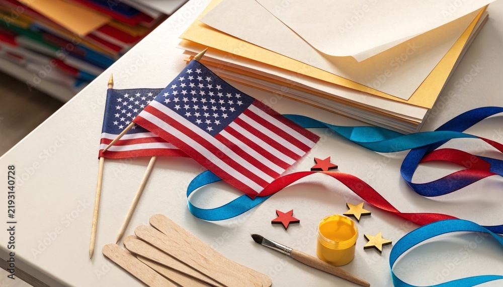 Fototapeta premium American flag and craft supplies on table