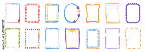 Crayon frame set, cute kindergarten pencil drawing. Childlike scribble doodle texture, hand drawn borders for decoration. Kid frame crayon box, textured whimsical wax pen border set.