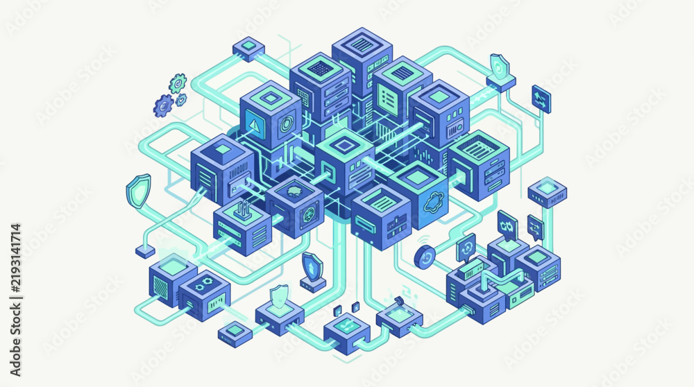 Obraz premium Pixel Art Illustration of a Connected Decentralized Blockchain Network Architecture
