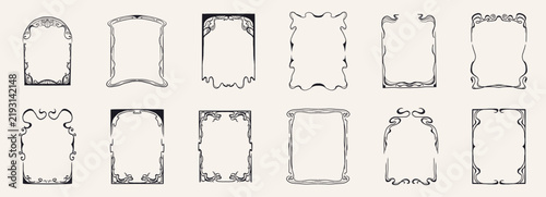 Art nouveau frames with ornate flourishes and decorative borders. Collection elegant vintage ornaments featuring elegant vines, floral emblems, and deco style ornamental elements