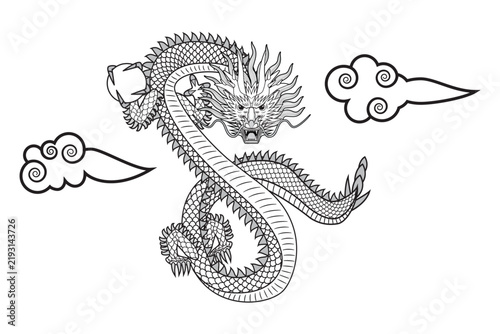 Line art Illustration vector Chinese dragon or loong long or lung holding or caught golden pearl or ball flying in the air with Chinese clouds drawing in black and white