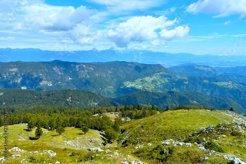 Panoramic view of Gorenjska, Slovenia with the slopes of Jelovica and pastures bellow Ratitovec