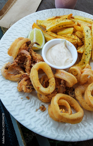 Fried Calamari Rings With Fries Sauce