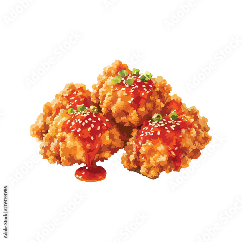Fried chicken with red sauce and sesame seeds isolated