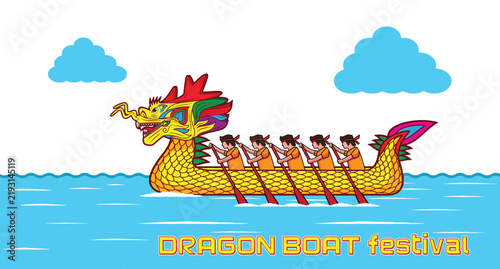 Line art Illustration vector symbols of Dragon boat or Dragon boat festival with five oarsmen drawing in colorful