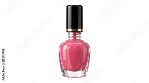 Pink Nail Polish Bottle with Black Cap Isolated on White Background