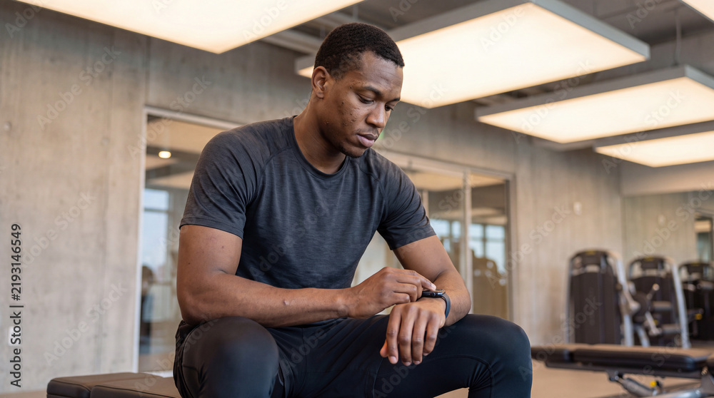 Obraz premium Male athlete sits on a weight bench in a modern gym, checking his smartwatch fitness tracker to monitor workout data, performance and health during training session