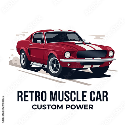 Vintage Red Muscle Car with White Stripes, Retro Automotive Art