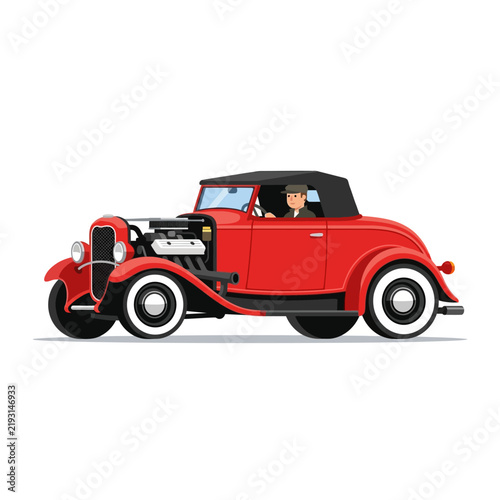 Vintage Red Roadster Car with Driver on White Background