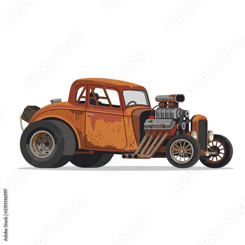 Vintage Rusty Hot Rod Car with Powerful Engine - Retro Auto Art