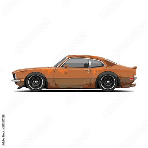 Vintage Rusty Orange Coupe Car, Lowrider Style, White Background