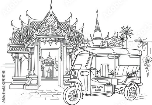 Thailand tuk tuk line art vector illustration featuring traditional three wheeled auto rickshaw and beautiful bangkok temple landscape