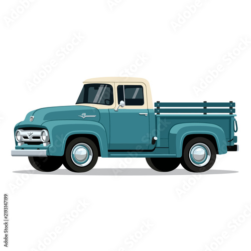Vintage Teal and Cream Pickup Truck, Retro Vehicle - Isolated on White