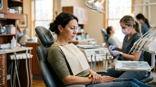 Concerned patient sits in dentist chair awaiting treatment in a brightly lit clinic