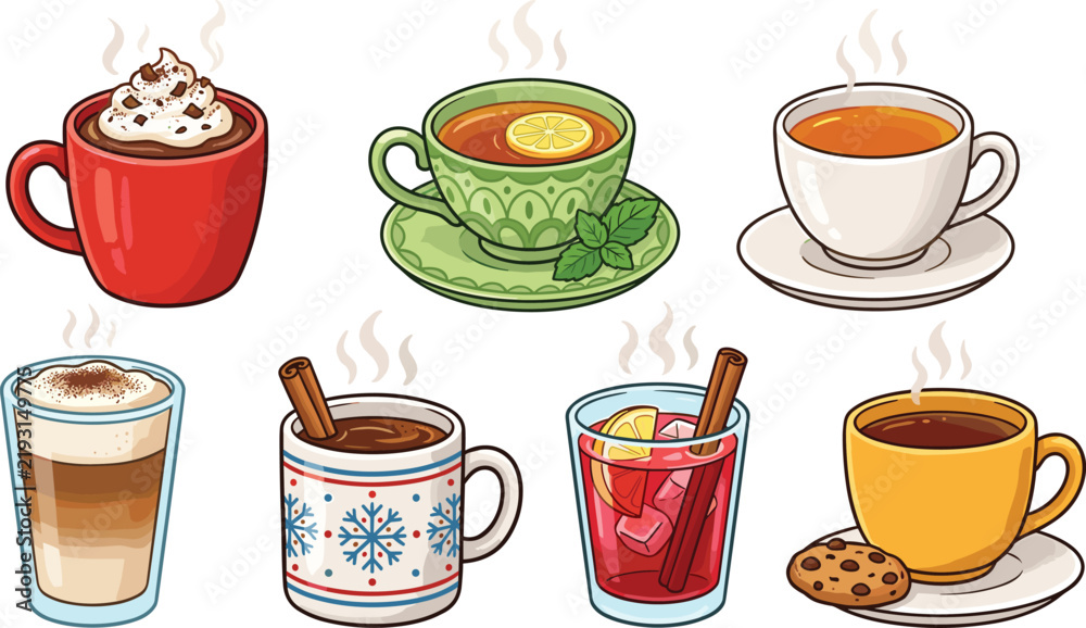 Obraz premium Vector illustration set of hot winter drinks, tea, coffee, hot chocolate, isolated on white.