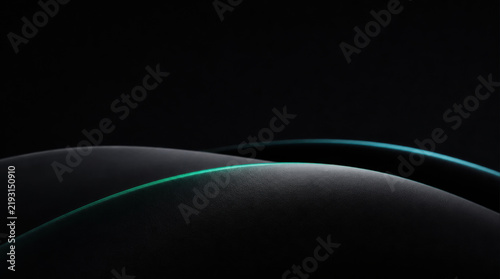Minimalist abstract black sculptural surface with three broad rolling ridges and glowing teal curves, creating futuristic atmospheric composition with dramatic contrast and depth