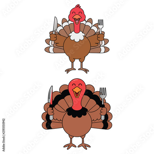 Funny Thanksgiving turkey cartoon characters holding fork and knife, happy holiday bird mascot vector set, hungry turkey dinner illustration