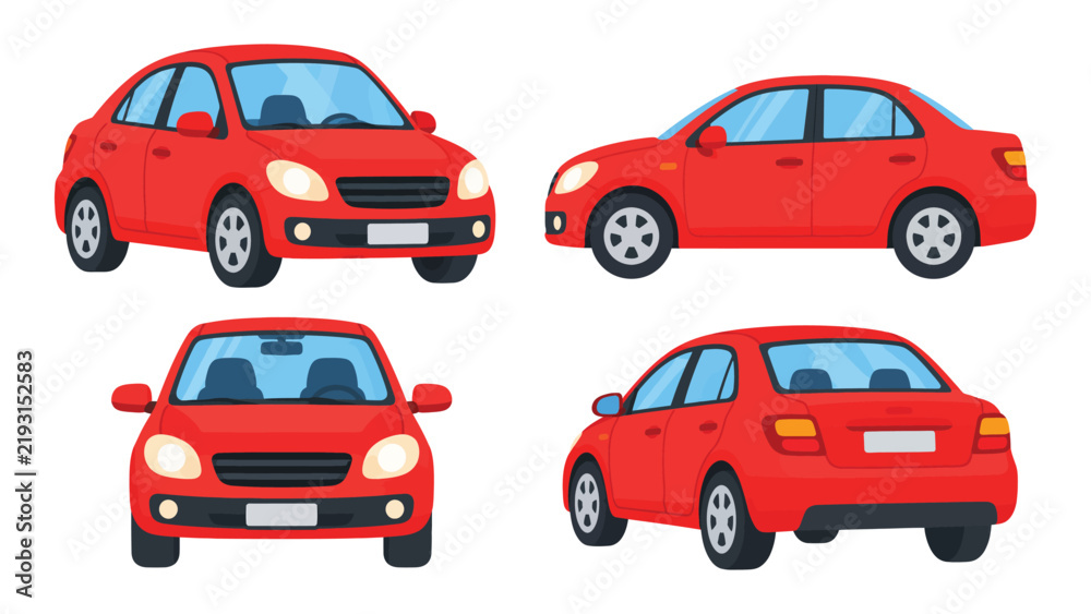 Fototapeta premium Four Views of Red Compact Sedan Car Illustration