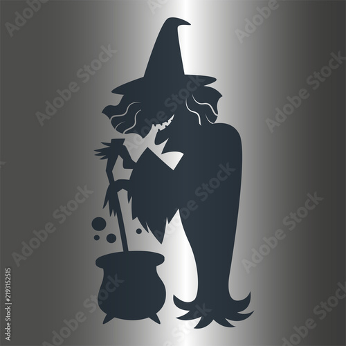 Foto Halloween witch silhouette with bubbling cauldron, spooky sorceress character on