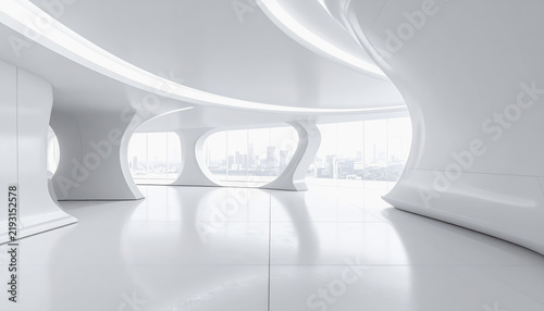 Modern futuristic interior architecture with organic shapes and city view through large windows