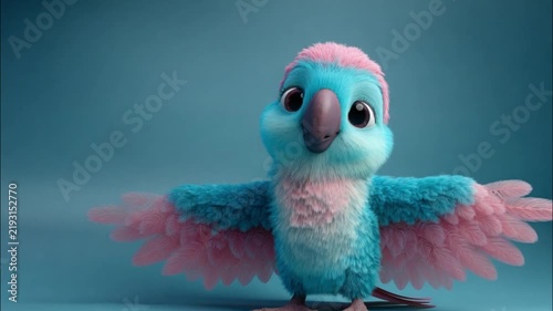 Cartoonish plush bird with blue and pink feathers posing with wings spread in soft studio lighting
