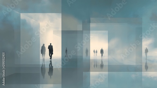 Modern architectural interior with large glass panels and walking silhouettes, futuristic urban space design