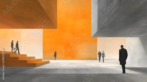 Modern architectural space with geometric concrete structures and people walking